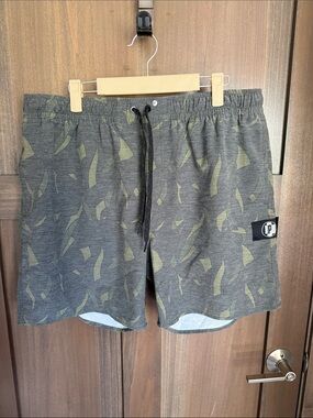 Men's Flat Front Drawstring Shorts in Charcoal with Olive Accents